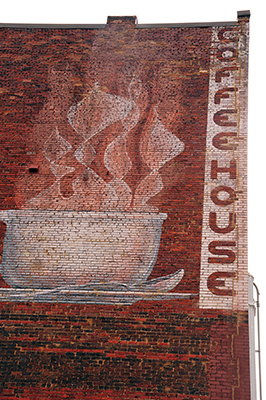 Brick Building with Steaming Cup of Coffee Painted on Side, Photos of Knoxville Tennessee