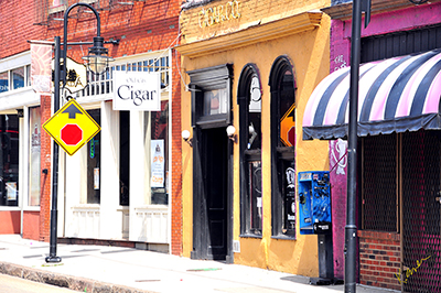 COlorful buildings line Central ave in Knoxville's historic Old City